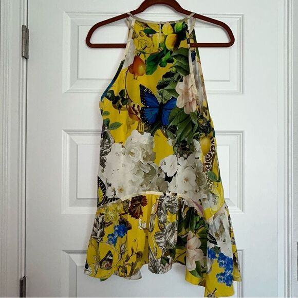 Roberto Cavalli Yellow Printed Silk Lace Detail Halter Floral Mix Print Top - Picture 11 of 15